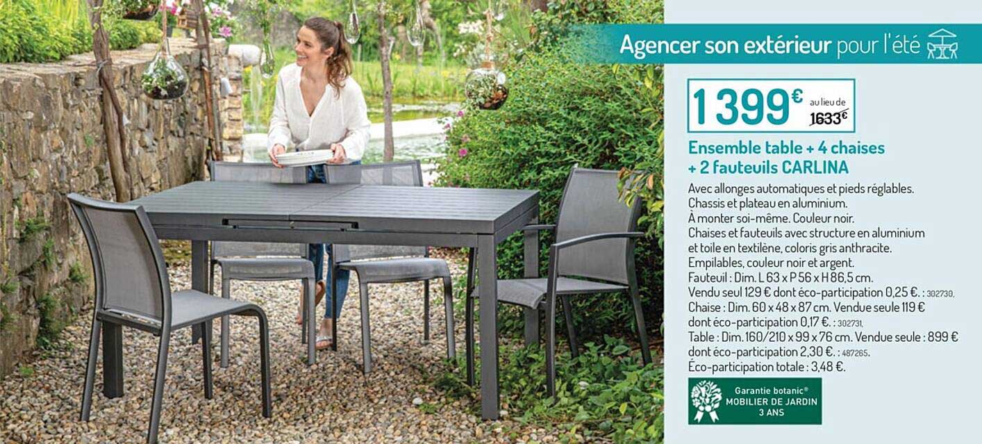 ensemble table + 4 chaises + 2 fauteuils carlina