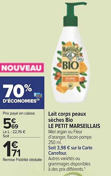 lait corps peaux sèches bio le petit marseillais
