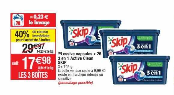 Lessive Capsules X26 3 En 1 Active Clean Skip