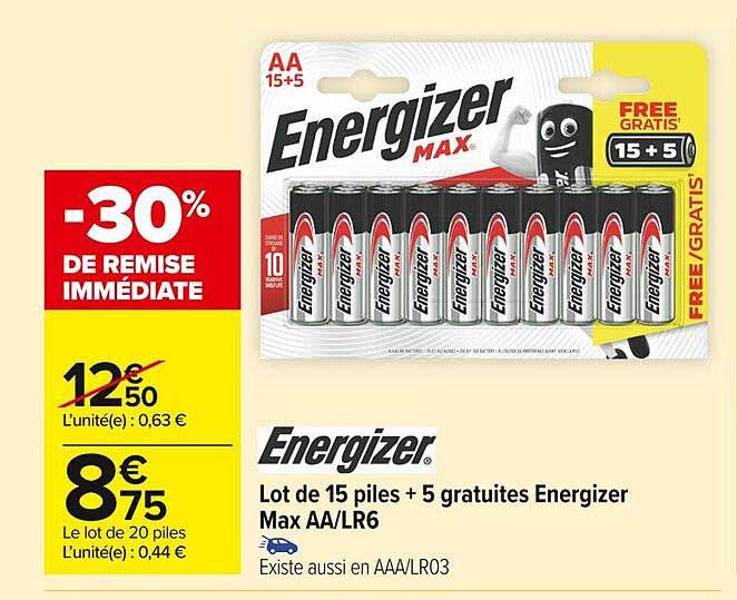 Lot De 15 Piles + 5 Gratuites Energizer Max Aa-lr6