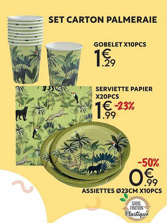 set carton palmeraie : gobelet x10pcs, serviette papier x20pcs, assiette x10pcs