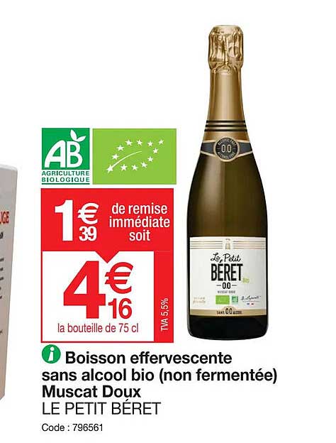 Boisson Effervescente Sans Alcool Bio (non Fermentée) Muscat Doux Le Petit Béret