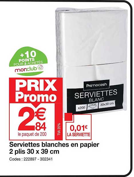 serviettes blanches en papier 2 plis 30 x 39 cm