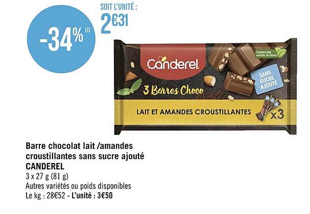 barre chocolat lait - amandes croustillantes sans sucre ajouté canderel