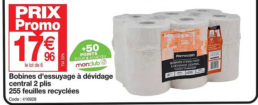 bobines d'essuyage à dévidage central 2 plis 255 feuilles recyclées