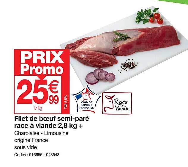 filet de bœuf semi-paré race à viande 2,8 kg+