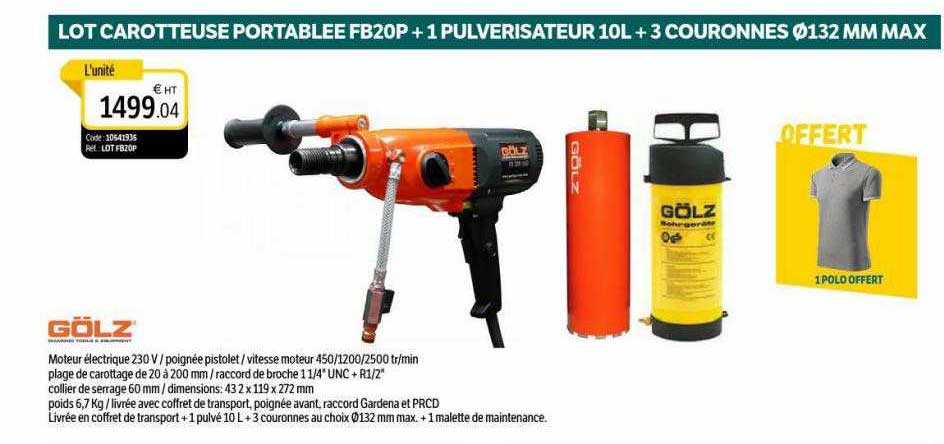 lot carotteuse portablée fb20p + 1 pulvérisateur 10l + 3 couronnes ø132 mm max gölz