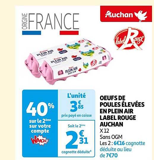 œufs de poules élevées en plein air label rouge auchan