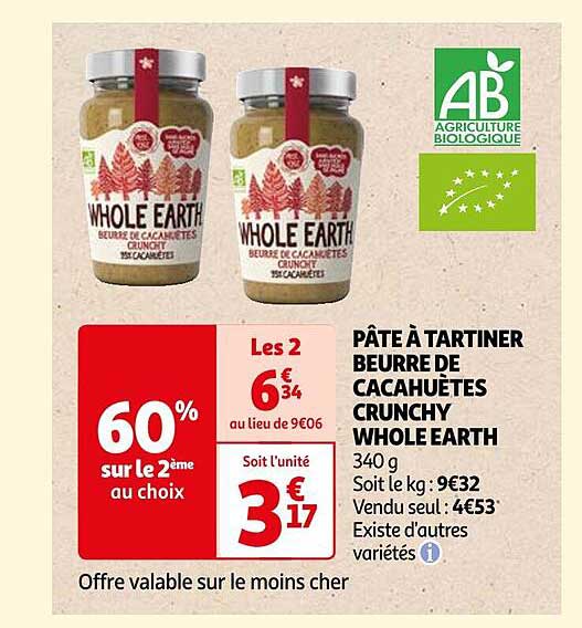 pâte à tartiner beurre de cacahuètes crunchy whole earth