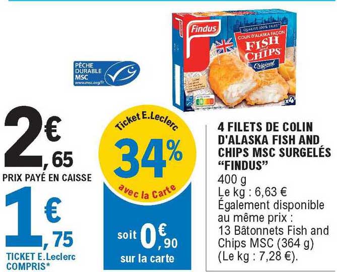 4 filets de colin d'alaska fish and chips msc surgelés "findus"