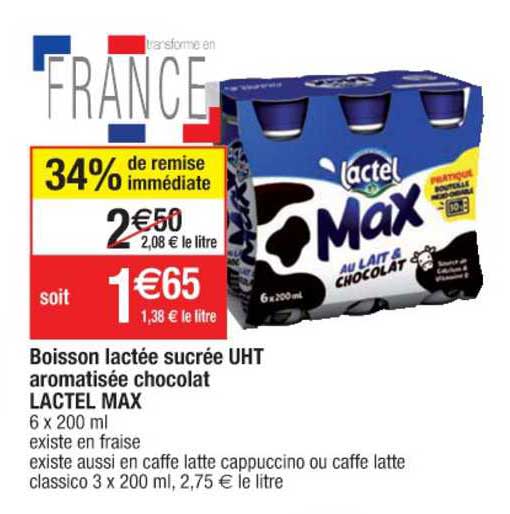 boisson lactée sucrée uht aromatisée chocolat lactel max 34% de remise immédiate