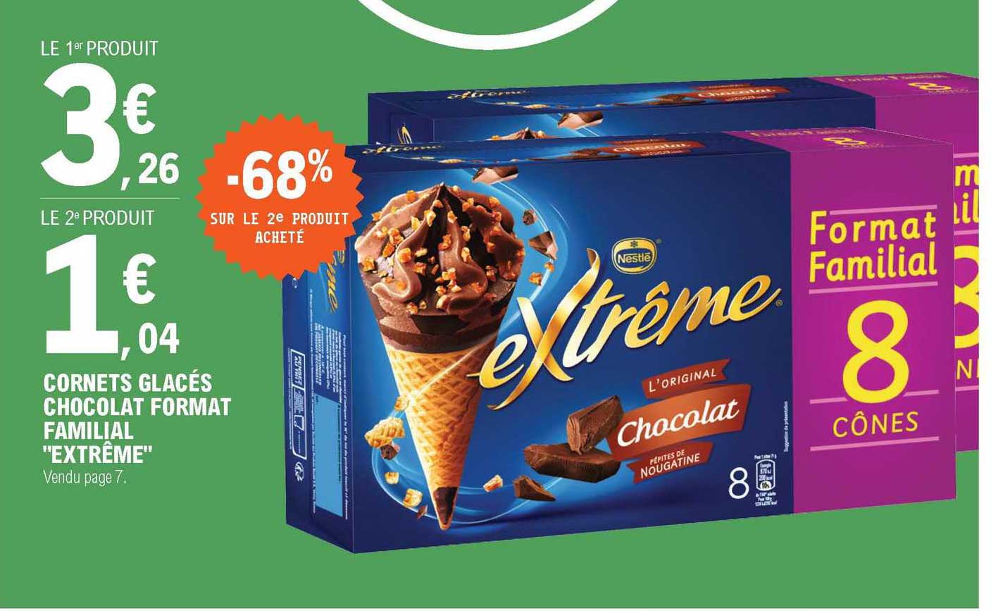 cornet glacés chocolat format familial "extrême" -68% sur le 2ème produit acheté