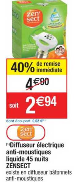 diffuseur électrique anti-moustiques liquide 45 nuits zensect 40% de remise immédiate