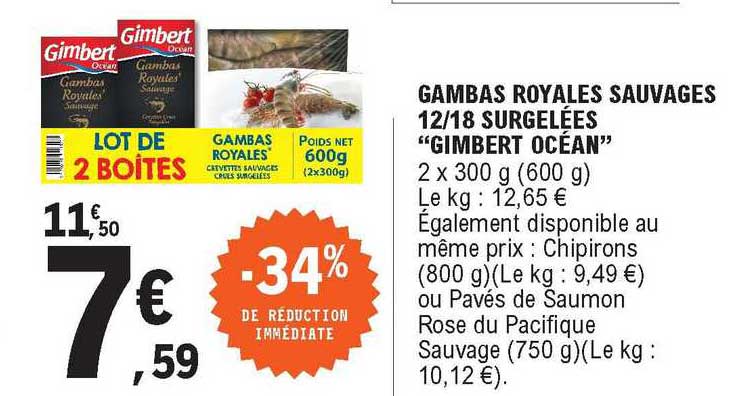 gambas royales sauvages 12-18 surgelées "gimbert océan" -34% de réduction immédiate