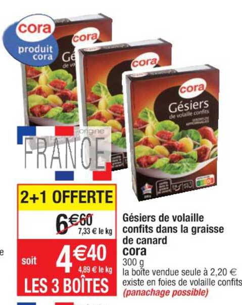 gésiers de volaille confits dans la graisse de canard cora 2+1 offerte