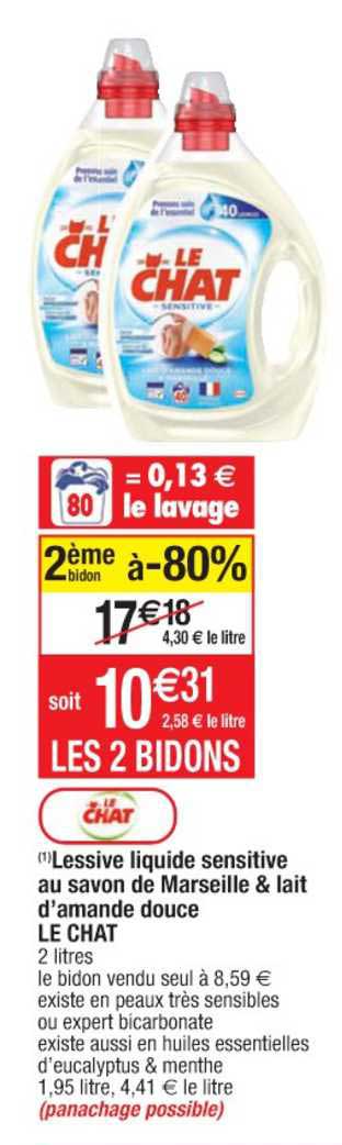 lessive liquide sensitive au savon de marseille & lait d'amande douce le chat 2ème boîte à -80%