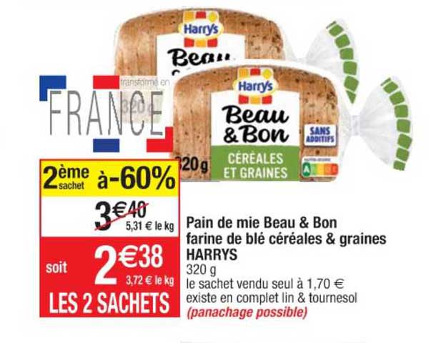pain de mie beau &bon farine de blé céréales & graines harrys 2ème sachet à -60%