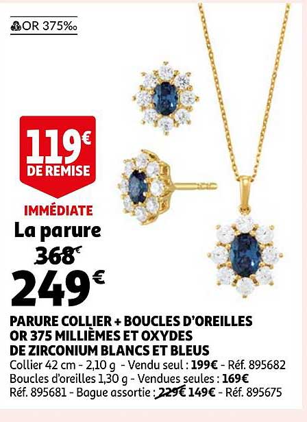 parure collier + boucles d'oreilles or 375 millièmes et oxydes de zirconium blancs et bleus