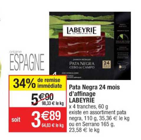 pata negra 24 mois d'affinage labeyrie 34% de remise immédiate