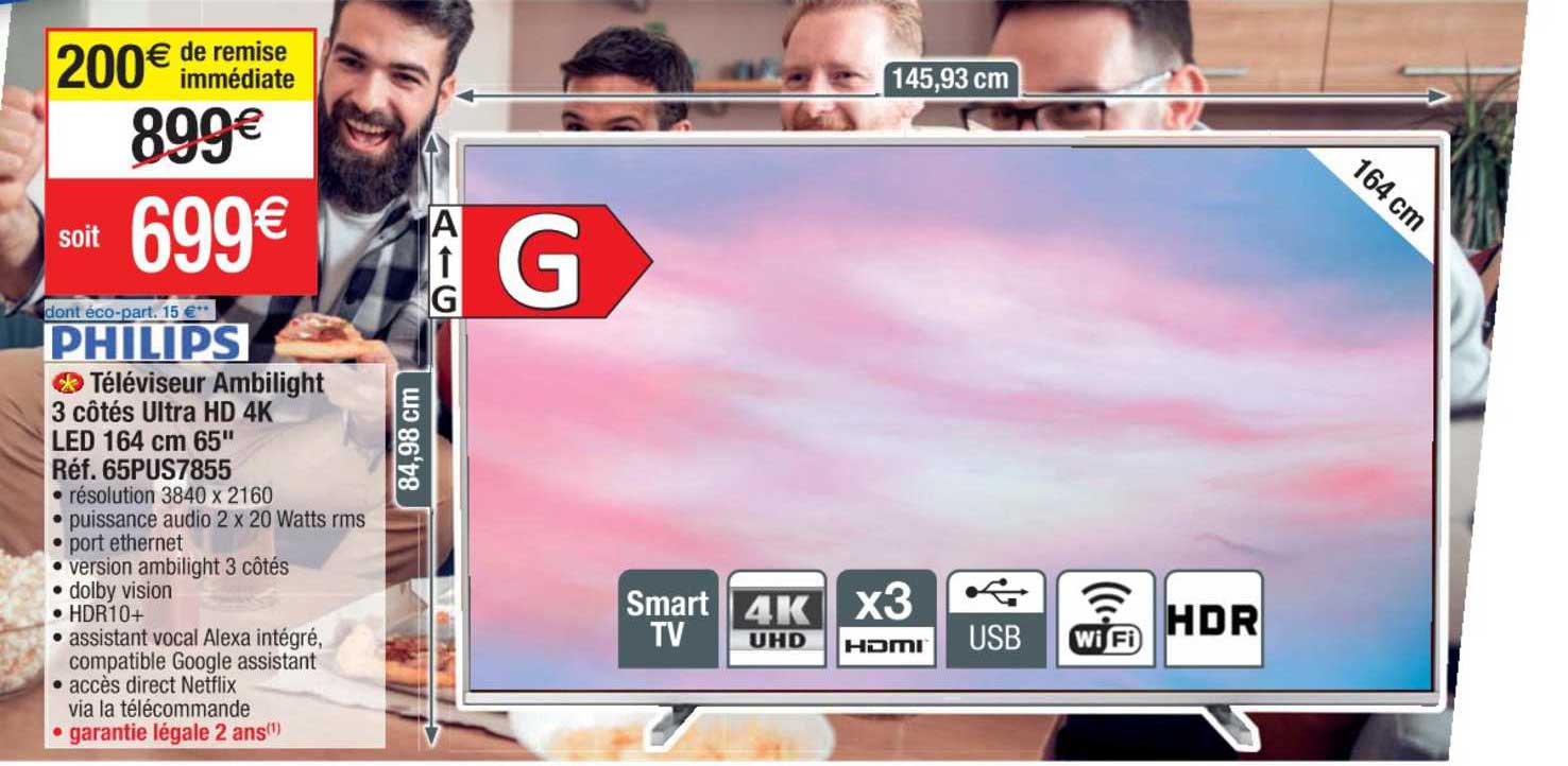 Philips Téléviseur Ambilight 3 Côtes Ultra Hd 4k Led 164 Cm 65"