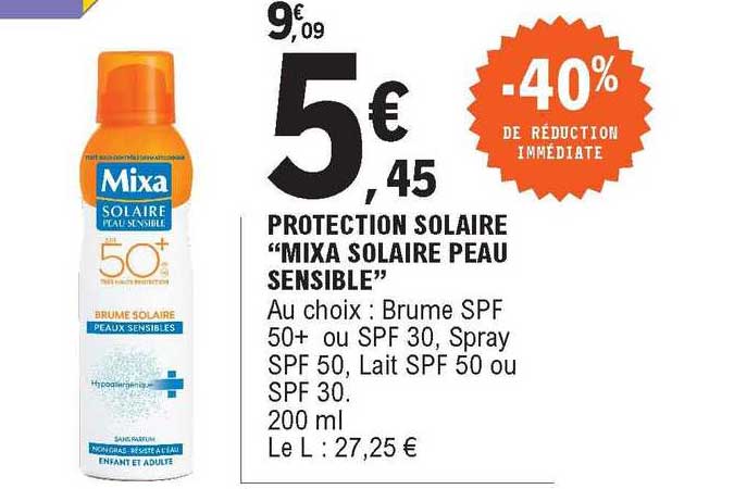 protection solaire "mixa solaire peau sensible" -40% de réduction immédiate
