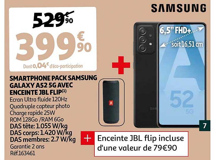 smartphone pack samsung galaxy a52 5g avec enceinte jbl flip