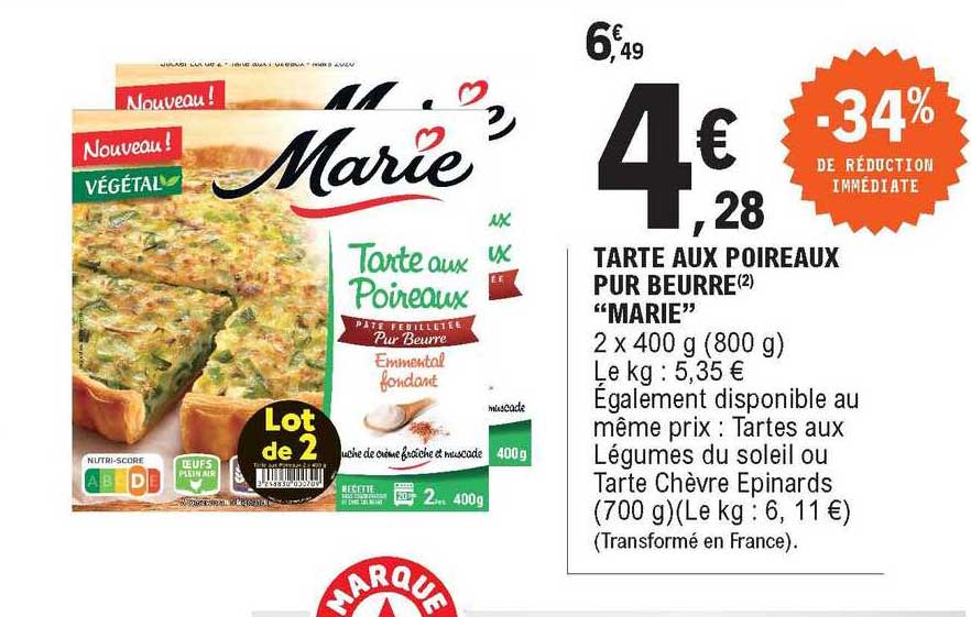 Tarte Aux Poireaux Pur Beurre "marie" -34% De Réduction Immédiate