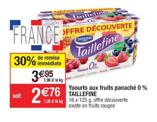 yaourts aux fruits panaché 0% taillefine 30% de remise immédiate