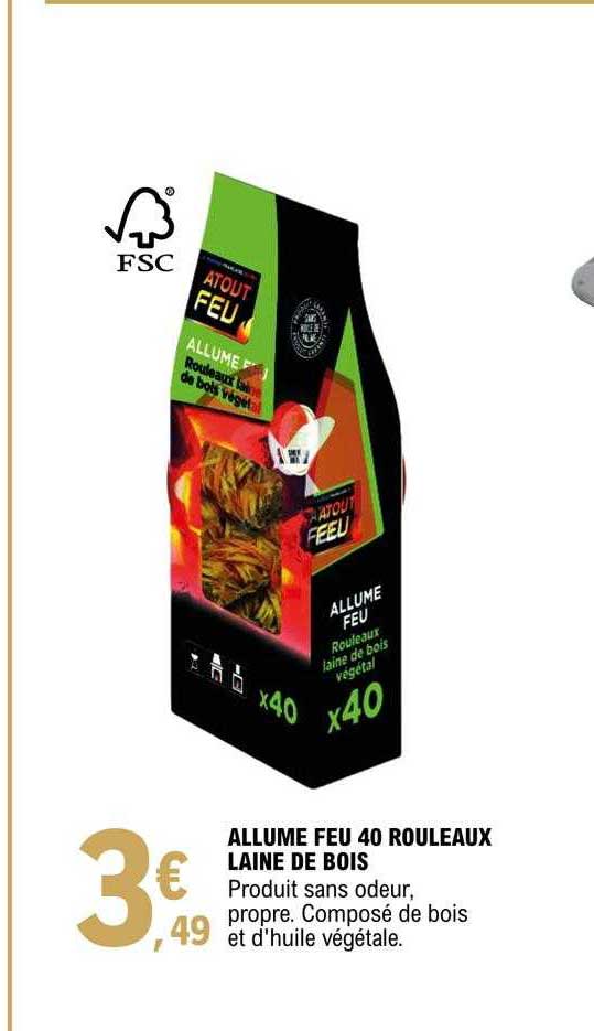 allume feu 40 rouleaux laine de bois