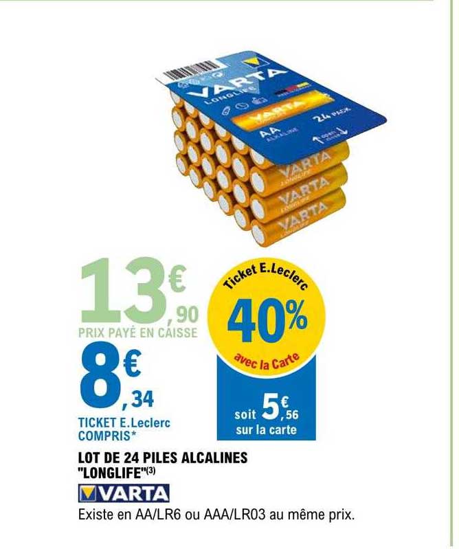 lot de 24 piles alcalines "longlife" varta