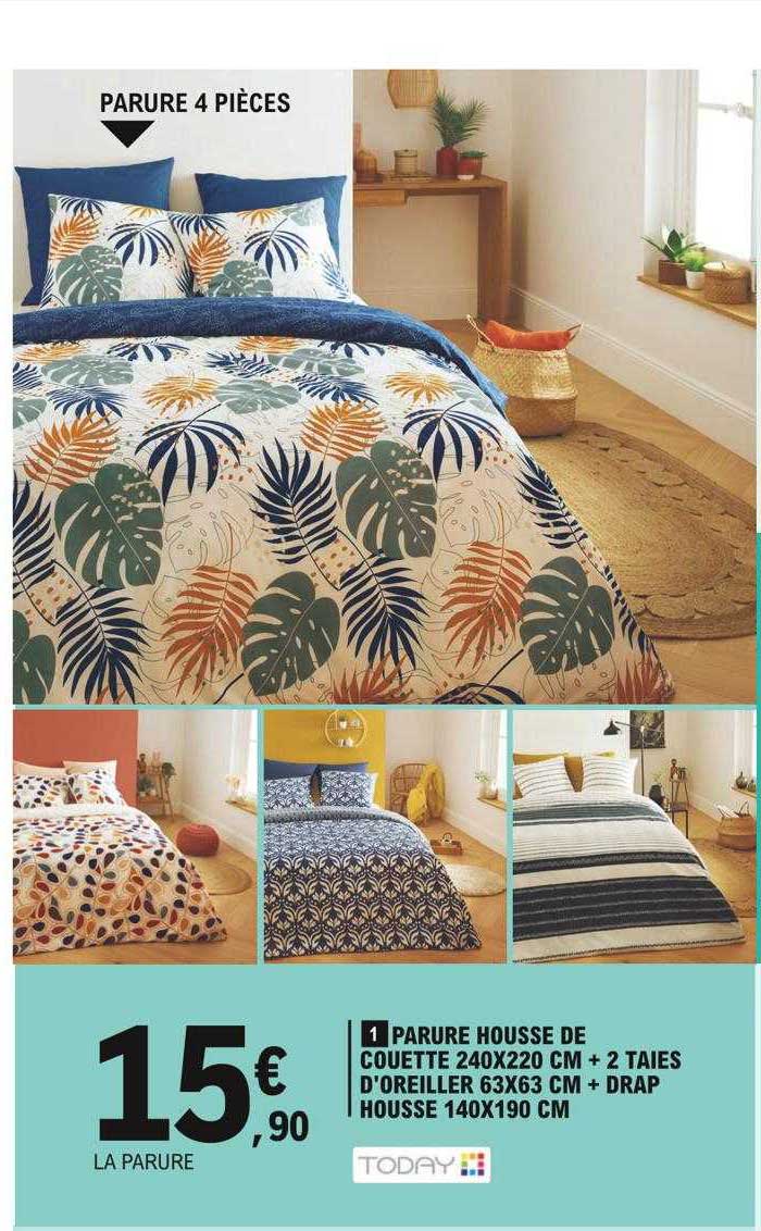 parure housse de couette 240 x 220 cm + 2 taies d'oreiller 63 x 63 cm + drap housse 140 x 190 cm