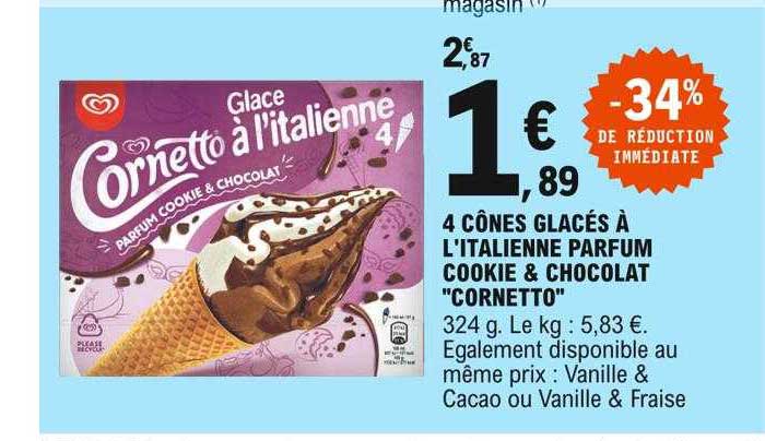 4 cônes glacés à l'italienne parfum cookie & chocolat "cornetto"