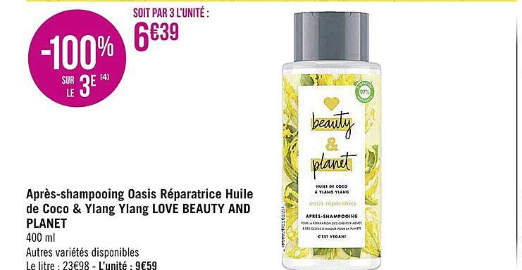 après-shampooing oasis réparatrice huile de coco & ylang ylang beauty and planet