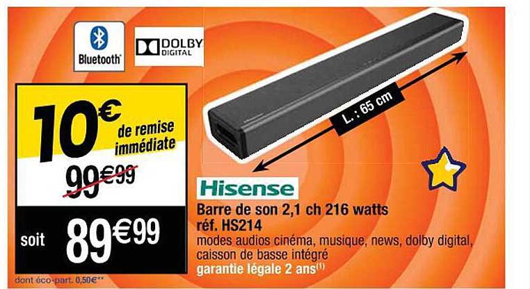 barre de son 2,1 ch 216 watts hisense