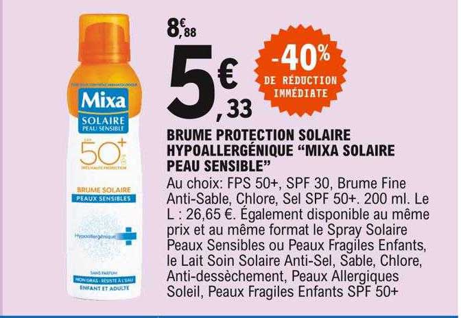 brume protection solaire hypoallergénique "mixa solaire peau sensible"