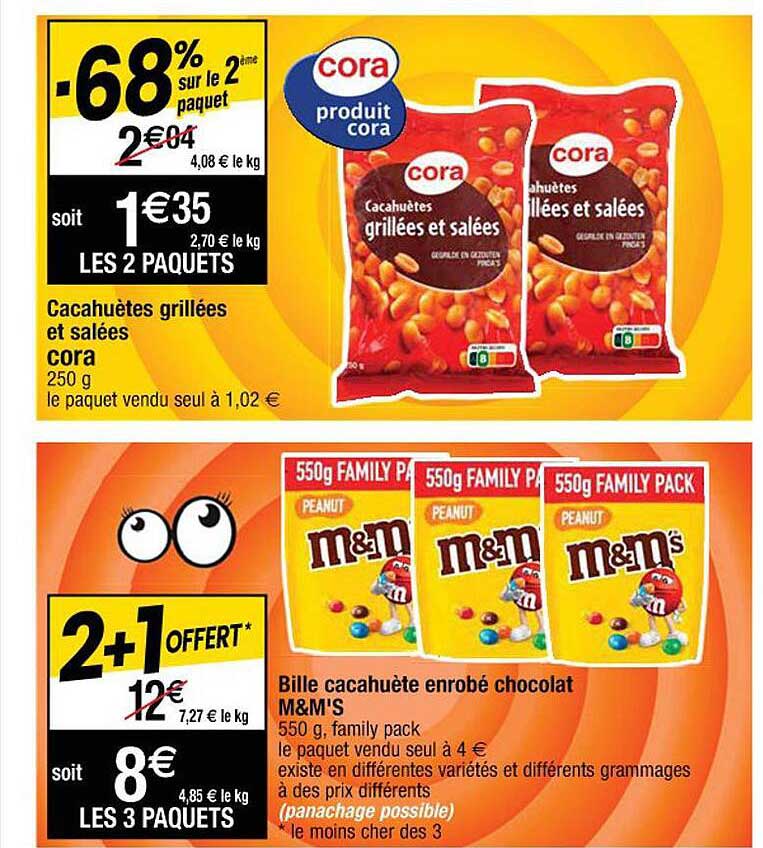 cacahuètes grillées et salées cora, bille cacahuète enrobé chocolat m&m's