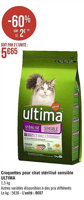 croquettes pour chat stérilisé sensible ultima