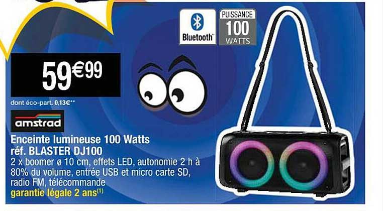 enceinte lumineuse 100 watts blaster dj100 amstrad