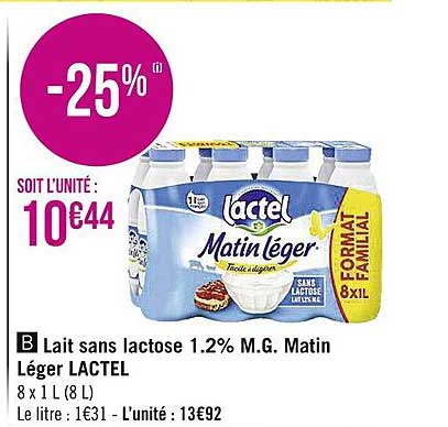 lait sans lactose 1.2% m.g. matin léger lactel