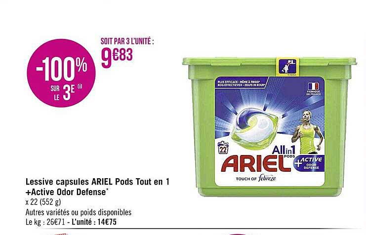 lessive capsules ariel pods tout en 1 +active odor defense