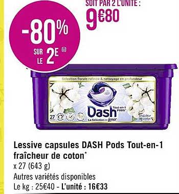 lessive capsules dash pods tout-en-1 fraîcheur de coton