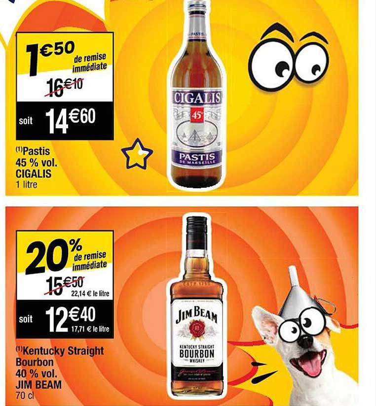 pastis 45% vol. cigalis, kentucky straight bourbon 40% vol. jim beam