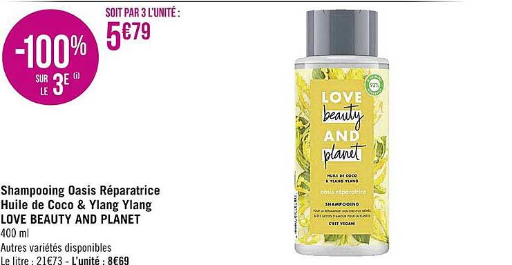 shampooing oasis réparatrice huile de coco & ylang ylang love beauty and planet