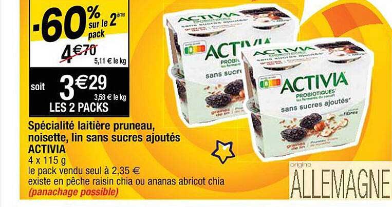 Spécialité Laitière Pruneau, Noisette, Lin Sans Sucres Ajoutés Activia