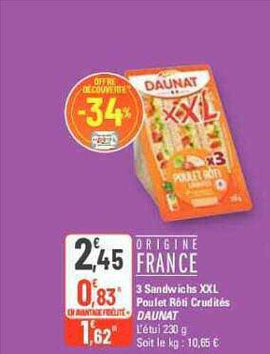 3 Sandwichs Xxl Poulet Rôti Crudités Daunat