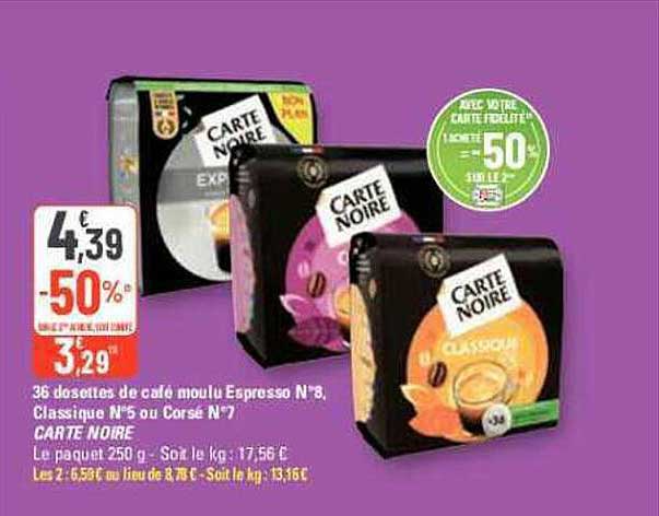 36 dosettes de café moulu espresso n°8, classique n°5 ou corsé n°7 carte noire