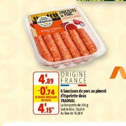 6 saucisses de porc au piment d'espelette doux tradival