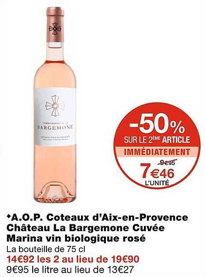 a.o.p. côteaux d'aix-en-provence château la bergemone cuvée marina vin biologique rosé