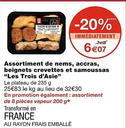 assortiment de nems, accras, beignets crevettes et samoussas "les trois d'asie"