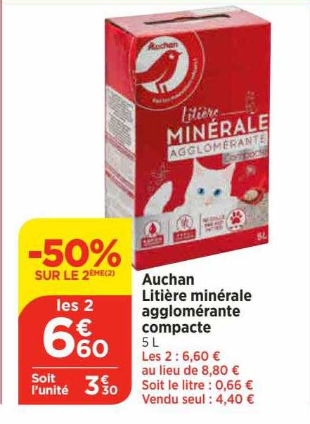 Auchan Litière Minérale Agglomérante Compacte
